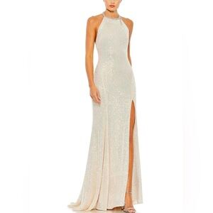 Mac Duggal Ivory Sequin Halter Backless Evening Gown